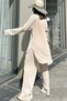 Women's Beige Long Tunic Shirt & Elastic Waist, Wide Leg Trousers - Loose Wrap Suit - 6