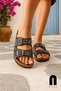Daily Women's Black Slippers Double Buckle Stone Bead Detailed Stitched Orthopedic Cork Sole 34155 - 4