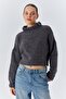 6883 Women's Ruffle Detail Crop Knit Sweater Anthracite