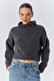 6883 Women's Ruffle Detail Crop Knit Sweater Anthracite - 3