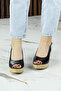 Heather Black Genuine Cowhide Leather Cork Sole Look Wedge Heeled Slingback Sandals - 3