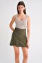 4565 Women's Slit Buckle Detailed Linen Skirt Khaki - 3