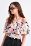 4648 Women's Off Shoulder Flounce Floral Patterned Blouse Pink - 3