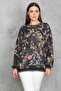 Women's Large Size Black Glitter Rib Detailed Chiffon Blouse 65n30255