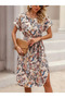 Women Short Sleeve Crew Neck Floral Pattern Belted Single Jersey Midi Dress - 6