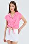 4555 Women's Tie-Front Muslin Crop Shirt Pink - 5
