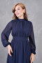 Lined Chiffon Fabric Long Sleeve Stand Collar Flared Cut Midi Length Navy Blue Chiffon Dress 094 - 7