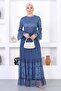 Pearl Lace Flounce Sleeve Evening Dress Indigo 12213 - 3