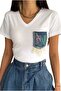 Women's White V-Neck Denim Jeans Pocket Sequin Sequin Embroidered Tassel 100% Cotton T-Shirt