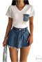 Women's White V-Neck Denim Jeans Pocket Sequin Sequin Embroidered Tassel 100% Cotton T-Shirt - 5