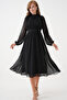 Lined Chiffon Fabric Stand Collar Flared Cut Long Sleeve Midi Length Black Evening Dress 094 - 4