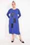 Women's Large Size Cobalt Blue Faux Leather Garnished Long Sleeve Dress 65n35528