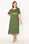 Women's Large Size Khaki Glitter Detailed Front Printed Dress 65n27215 - 3