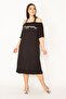 Women's Large Size Black Glitter Detailed Front Printed Viscose Dress 65n27473 - 7