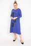 Women's Large Size Cobalt Blue Faux Leather Garnished Long Sleeve Dress 65n35528 - 6