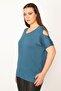 Women's Large Size Petrol Shoulder Low-cut Viscose Blouse 65n30102 - 4