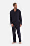 Navy Blue Meterage Printed Shirt Collar Viscose Pajama Top - 5