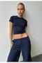 Women's Navy Blue Crew Neck Lycra Watermelon Sleeve Body Crop T-Shirt Summer Stretchy Fabric - 5