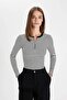 Slim Fit Tight-Fitting Crew Neck Half Zipper Striped Ribbed Camisole Long Sleeve T-Shirt D6104Ax2 - 3
