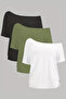 Khaki White Black 3-Pack Women's Off Shoulder Boat Neck Oversize T-Shirt