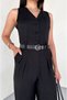 Belted Button Detailed Waist Fitting Linen Jumpsuit-Black-Ww7362 - 2