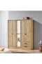 Athens 5 Door Wardrobe with Drawers & Mirror - Light Oak L194xW55xH213cm
