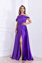 Satin Ruched Strap Long Evening Dress - Purple - 3
