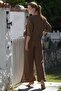 Brown V-Neck Buttoned 3/4 Sleeve Pocket Washed Elastic Waist Wide Leg Woven Suit 60-105 70-60 - 2