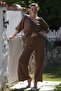 Brown V-Neck Buttoned 3/4 Sleeve Pocket Washed Elastic Waist Wide Leg Woven Suit 60-105 70-60