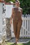Dark Beige Round Neck Sleeveless Pocket Dirty Stitching Elastic Waist Tight Leg Woven Suit 65-100 55-63