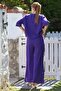 Purple V-Neck Buttoned 3/4 Sleeve Pocket Washable Elastic Waist Wide Leg Woven Suit 60-105 70-60 - 2