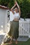 Khaki Layered Washed Elastic Waist Casual Crinkle Asymmetrical Woven Skirt 89 70 - 5