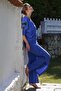 Cobalt Blue V-Neck Buttoned 3/4 Sleeve Pocket Washed Elastic Waist Wide Leg Woven Suit 60-105 70-60 - 3