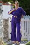 Purple V-Neck Buttoned 3/4 Sleeve Pocket Washable Elastic Waist Wide Leg Woven Suit 60-105 70-60 - 3