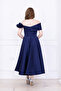 Satin Rose Detailed Midi Dress - Dark Blue - 6