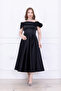 Satin Rose Detailed Midi Dress - Black