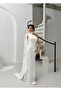 White One Shoulder Shawl Detail Asymmetrical Satin Evening Dress - 3
