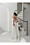 White One Shoulder Shawl Detail Asymmetrical Satin Evening Dress - 5