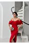 Red Boat Neck Pearl Detail Evening Dress - 4