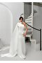 White One Shoulder Shawl Detail Asymmetrical Satin Evening Dress - 4