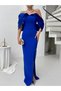 Cobalt Blue Boat Neck Pearl Detailed Evening Dress - 3