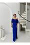 Cobalt Blue Boat Neck Pearl Detailed Evening Dress - 2