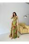 Green Patterned Halter Neckline Design Chiffon Evening Dress - 2