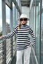 Women's Navy Blue & Ecru Long Sleeve, Striped, Ribbed Fabric, Regular Cut, Throat Knit Blouse - 5