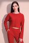 Women's Red Long Sleeve Self Textured Pocket Crop Sweatshirt, Loose Cut Blouse - 4
