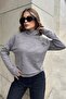 Women's Gray & Powder Tone Self Patterned, Soft Fabric, Long Sleeve, Button Detail, High Neck Blouse