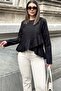Women's Black Frill Front, Round Neck, Long Back Cotton Loose Blouse - 2