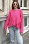 Women's Fuchsia Frilled Front, Round Neck, Long Back Cotton Loose Blouse - 6