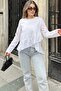 Women's White Cotton Loose Blouse with Ruffles at the Front, Round Neck, and Long Back - 7