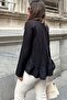 Women's Black Frill Front, Round Neck, Long Back Cotton Loose Blouse - 6